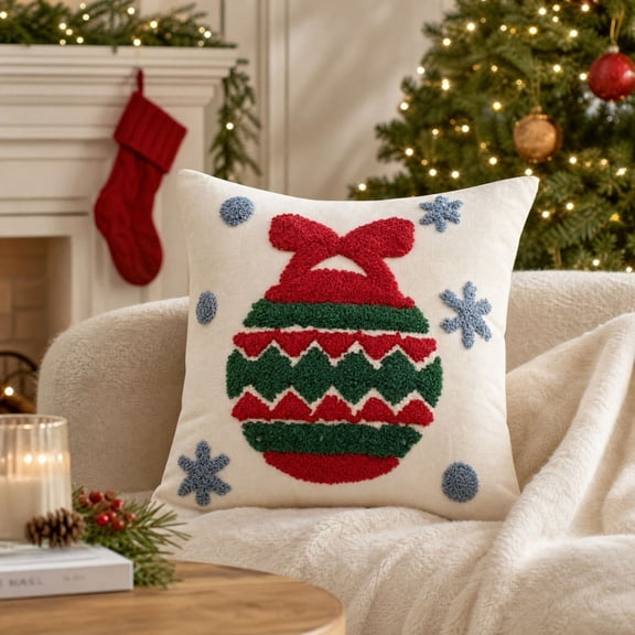 Christmas Embroidered Pillow Cover, Festive Cushion Case for Sofa Bed Living Room, Farmhouse Holiday Decor