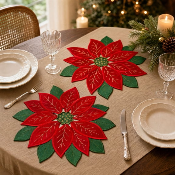 Christmas Embroidered Poinsettia Placemats Set of 2, Washable Flower Shaped Holiday Table Mats, Decorative Table Linens for Xmas Dining Table Home Party Farmhouse Decor