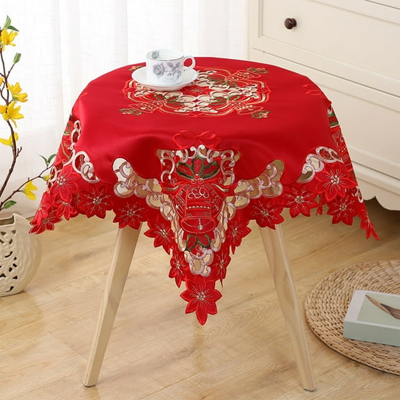 Christmas Embroidered Red Table Cloth Table Cover Round Classic Embroidery Table Top Covering