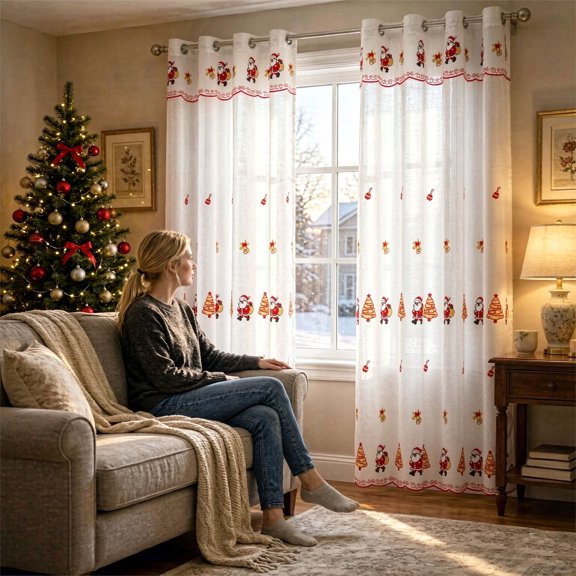 Christmas Embroidered Sheer Curtains, Light Filtering Santa Motif Window Drapes, Metal Grommet Panels for Living Room and Bedroom