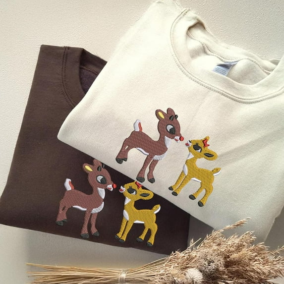 Christmas Embroidered Sweatshirt: Retro Reindeer Design, Rudolph The Red Nose Reindeer and Clarice, Fall Embroidered Sweatshirt.