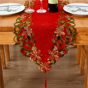 Christmas Embroidered Table Runner Cutwork Green Leaves Holiday Table Linens for Christmas Decorations 15x69 Inch