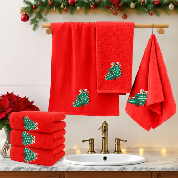 Christmas Embroidered Towel Set, 3-Piece Soft Cotton Holiday Bath Towels for Festive Decor, Quick-Dry Absorbent Household Towels