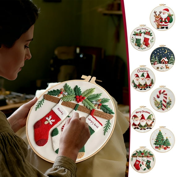 Christmas Embroidery DIY Kit | European Floral Hanging Patterns | Complete Needle and Thread Set | Includes 20cm Hoop, Printed Cloth, Instructions | Gift or Wall Decor