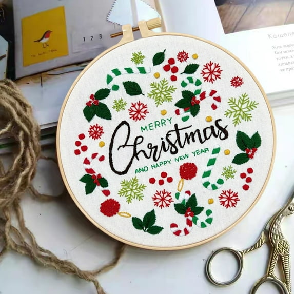 Christmas Embroidery DIY Kit with Round Decoration Pendant for Living Room Holiday Decor – Creative Craft Project for Home Enthusiasts(D)