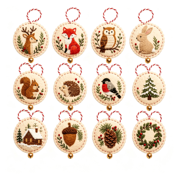 Christmas Embroidery Kit, 12PCS DIY Ornament Set for Beginners, Punch Needle Holiday Decor with Pre‑Printed Fabric, Thread, Needles, Ribbons and Instructions