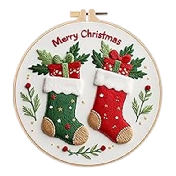 Christmas Embroidery Kit with 8 in Hoop – DIY Floral Hanging Painting Starter Set for Beginners & Adults, Includes Thread, Needles, Printed Fabric, English Instructions, Holiday Gift Idea
