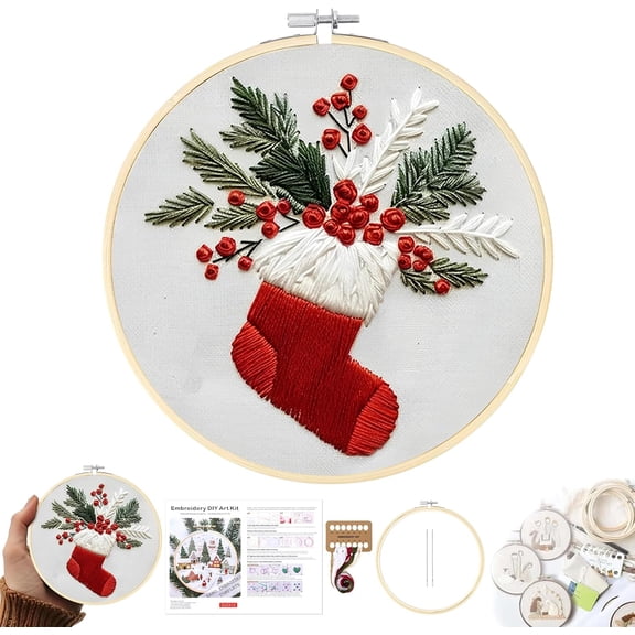 Christmas Embroidery Kit for Adults and Beginners, Christmas Gnomes Embroidery Kits Cross Stitch Kits with Pattern, Cotton, Threads, Needles & Instruction