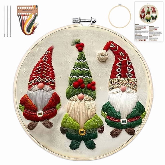 Christmas Embroidery Kit for Adults and Beginners, Christmas Gnomes Embroidery Kits Cross Stitch Kits with Pattern, Cotton Threads Needles Instructions (A)