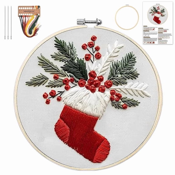 Christmas Embroidery Kit for Adults and Beginners, Christmas Gnomes Embroidery Kits Cross Stitch Kits with Pattern, Cotton Threads Needles Instructions (E)