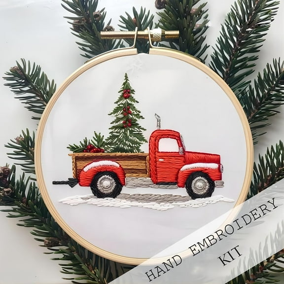 Christmas Embroidery Kit for Beginners, 4 Fabric Hoop Sets - Water-Soluble Outlines, Includes Thread/Needles/Scissors, 8 Patterns (/Fireplace etc.)