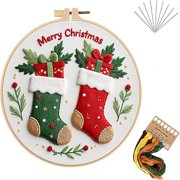 Christmas Embroidery Kit for Beginners,7.9in Hoop &European Floral Design,Complete DIY Set with Needles,Thread & Step-by-Step Guide,Perfect Holiday Gift,Pre-Printed Fabric&English Instructions