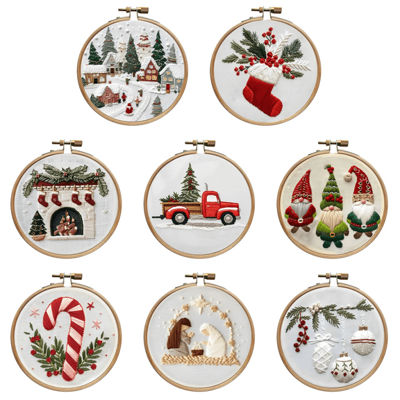 Christmas Embroidery Kit for Adult, Embroidery DIY Starter Kit for Beginners, Merry Christmas Printed Embroidery Starter Kit Crafts (8 Set)