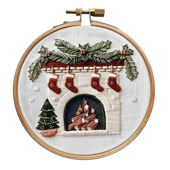 Christmas Embroidery Kit for Adult, Embroidery DIY Starter Kit for Beginners, Merry Christmas Printed Embroidery Starter Kit Crafts (Fireplace)