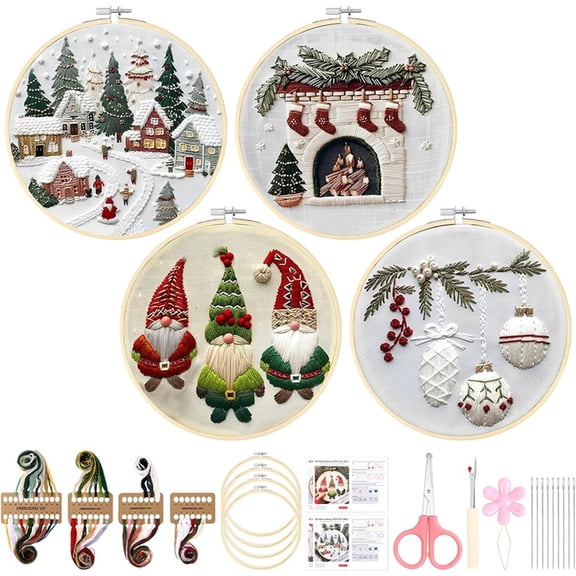 Christmas Embroidery Kit,for Adults & Beginners - Gnomes & CrossStitch Patterns, Cotton, Threads, Needles(4 Pcs)