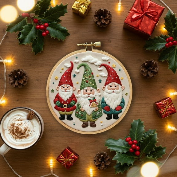 Christmas Embroidery Kit with Hoop Thread and Needle, 7-Piece Handmade DIY Craft Material for Holiday Art and Home Decor Projects(White,A)