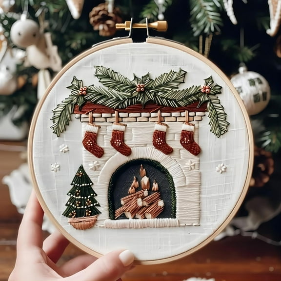 Christmas Embroidery Set, 5.9 x 5.9 inches, with Pattern, Cotton Thread, Thread, Needle, and Instruction Manual, DIY Cross Embroidery Set for Beginners