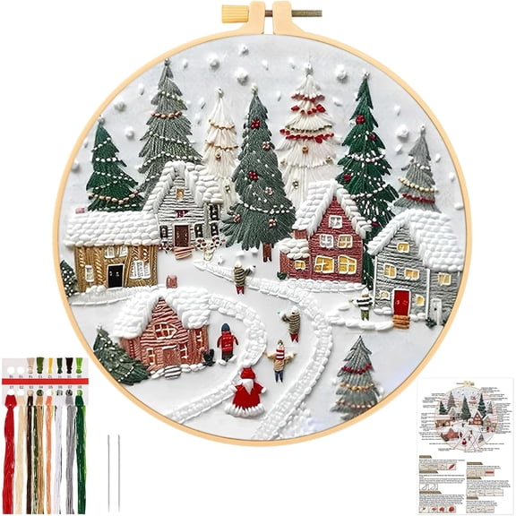 Christmas Embroidery Starter Kits, DIY Embroidery Needlepoint Supplies Kit for Adults Beginners,Handmade Sewing Craft Set