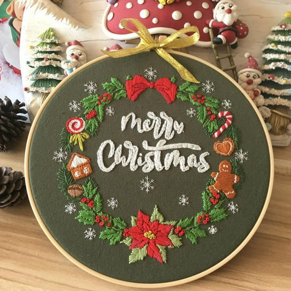Christmas Embroidery Starter with Pattern and Instructions,Cross Stitch Kit Include Embroidery Clothes,Plastic Embroidery Hoops, Color Threads and Tools