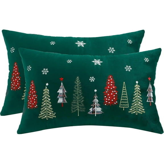 Christmas Embroidery Throw Pillow Covers 16 x 26 inch Set of 2 Christmas Dec Velvet Pillowcases Forest Green Xmas Tree Cushion Pillow Cases Soft Square Holiday Pillowcase