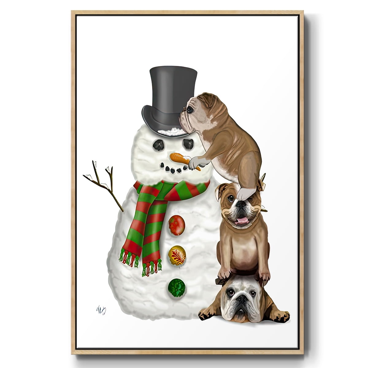 Christmas English Bulldogs Building Snowman - Framed Gallery Wrapped Holiday Canvas - 17 x 25 - Natural Wood Frame