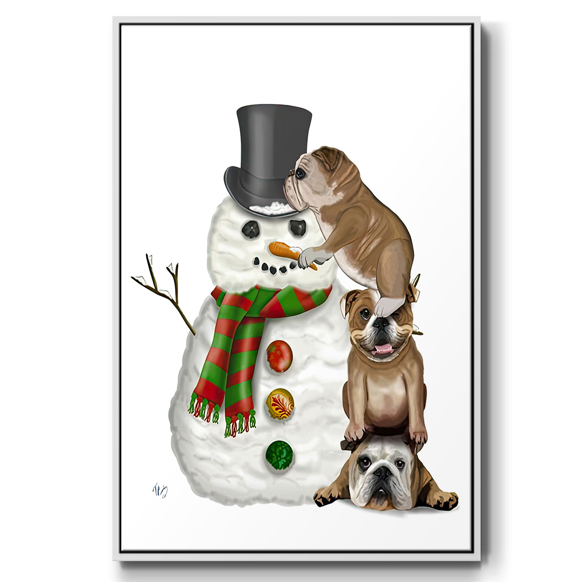 Christmas English Bulldogs Building Snowman - Framed Gallery Wrapped Holiday Canvas - 17 x 25 - White Frame