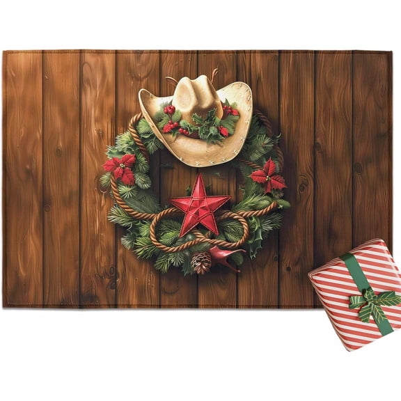 Christmas Entrance Floor Mat Western Star Wreath Welcome Doormat Non Slip Entry Rug for Bathroom Kitchen Home Front Door Decor 16x24 Inch