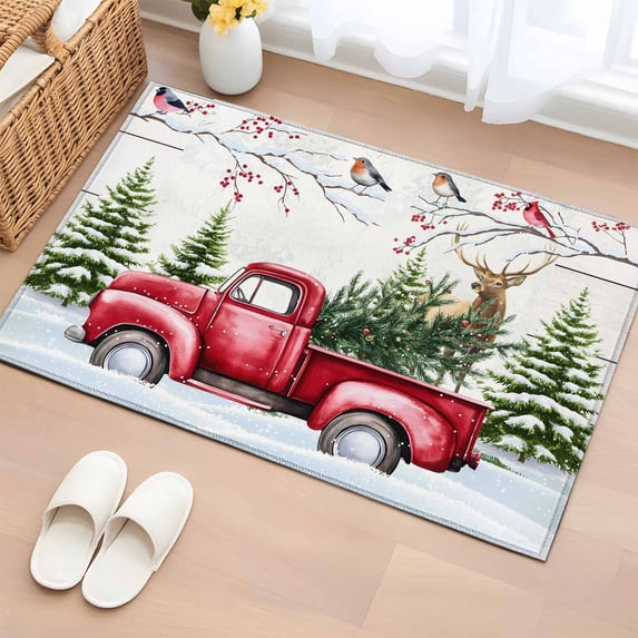 Christmas Entryway Rug 2'x3' Non Slip Front Door Mats, Red Truck Birds Xmas Tree Snowflake Winter Entrance Rugs Indoor Outdoor Carpet, Washable Floor Mats Small Area Rug for Bedroom Kitchen