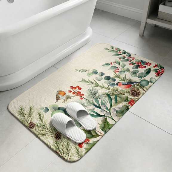 Christmas Eucalyptus Bathroom Rugs Non Slip Washable Bath Mat Absorbent Front Door Mat Xmas Botanical Pine Cones Birds Indoor Doormat for Kitchen Entryway Shower Decor Accessories 15.7"x23.6"