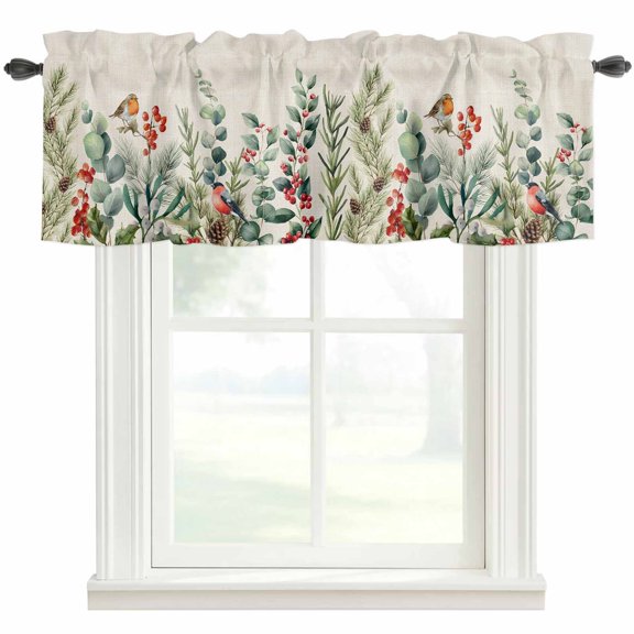 Christmas Eucalyptus Farmhouse Short Window Curtain Valances, Xmas Botanical Pine Cones Birds Rod Pocket Kitchen Valances for Living Room Bedroom Bathroom Cafe 42" x 12"