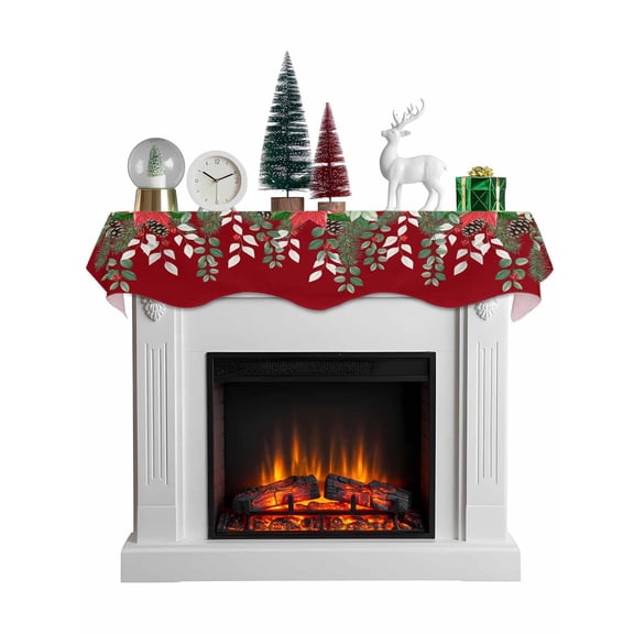 Christmas Eucalyptus Mantel Scarf Fireplace Decorations for Living Room, Xmas Pine Poinsettia Botanical Red Fireplace Mantel Scarf Cover Runner for Halloween/Thanksgiving/Christmas Decor 60"x17"