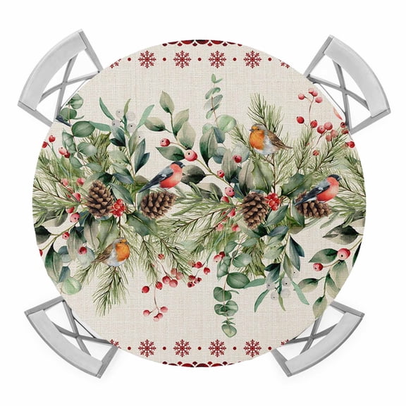 Christmas Eucalyptus Round Tablecloth for 36-44 Inch Tables,Fitted Table Cover with Elastic Edge,Xmas Red Plaid Botanical Pine Cones Waterproof Outdoor Table Cloth Protector for Patio Garden Dinner