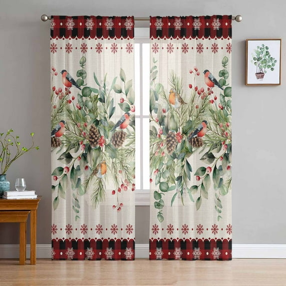 Christmas Eucalyptus Sheer Curtains 72 Inches Long, Xmas Red Plaid Botanical Pine Cones Light Filtering Window Curtains for Living Room, Rod Pocket Voile Sheer Curtain Drapes, 52"Wx72"L, 2 Panels