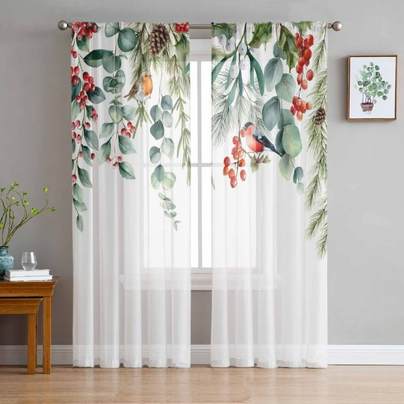 Christmas Eucalyptus Sheer Curtains 96 Inches Long, Xmas Botanical Weeping Berry Pine Cones Light Filtering Window Curtains for Living Room, Rod Pocket Voile Sheer Curtain Drapes, 52"Wx96"L, 2 Panels