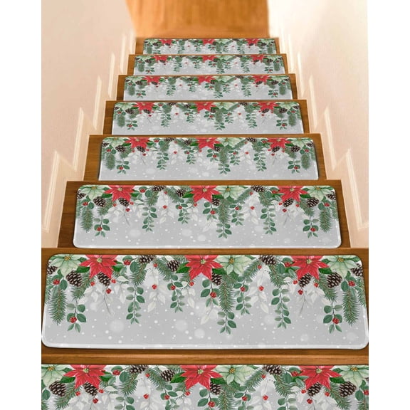 Christmas Eucalyptus Stair Treads for Wooden Steps Indoor Runner Rug Carpet, Xmas Pine Poinsettia Botanical Grey 4 Pieces Peel and Stick Staircase Step Treads Covers Washable Throw Door Mats, 30"x8"