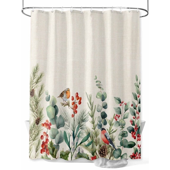 Christmas Eucalyptus Standard Shower Curtain Set, Waterproof Shower Curtains for Bathroom, Xmas Botanical Pine Cones Birds Washable Fabric Cloth Bath Curtain for Bathtub with Hooks 72x72 Inches