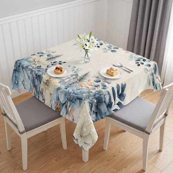 Christmas Eucalyptus Table Cloth Waterproof Tablecloths, Blue Poinsettia Vintage Winter Snowy Tablecloth Dining Table Cover for Kitchen Party Tabletop Outdoor, Square Tablecloth 54x54 Inch