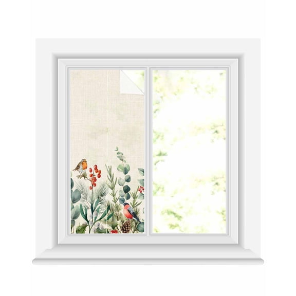 Christmas Eucalyptus Window Privacy Film Stained Glass Window Film Decorative Windows Cover Static Windows Cling for Glass Door Xmas Botanical Pine Cones Birds Stickers for Bathroom 17.7"x39.3"