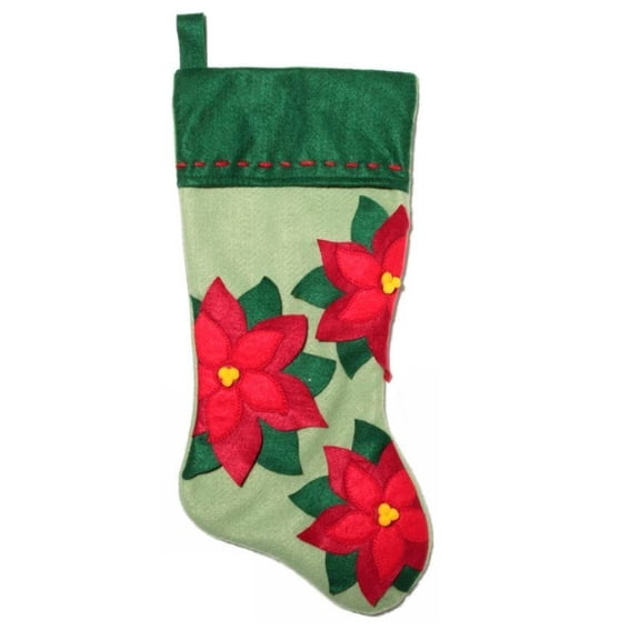 Christmas Eve Embellished Stitched Green Felt Poinsettia Christmas Stocking