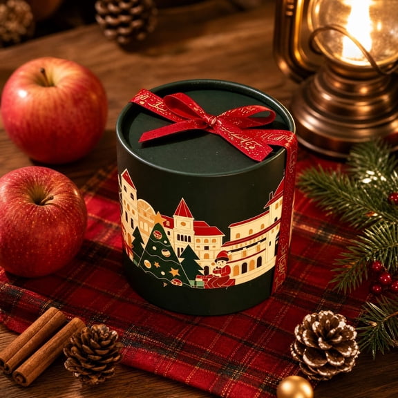 Christmas Eve Gift Box Green Cylindrical Paper Bucket with Ribbon Bow Xmas Town Print Candy Chocolate Container Party Favor