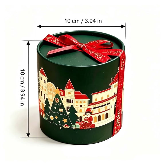 Christmas Eve Gift Box Green Cylindrical Paper Bucket with Ribbon Bow Xmas Town Print Candy Chocolate Container Party Favor