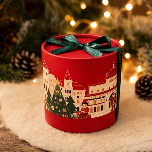 Christmas Eve Gift Box Green Cylindrical Paper Bucket with Ribbon Bow Xmas Town Print Candy Chocolate Container Party Favor
