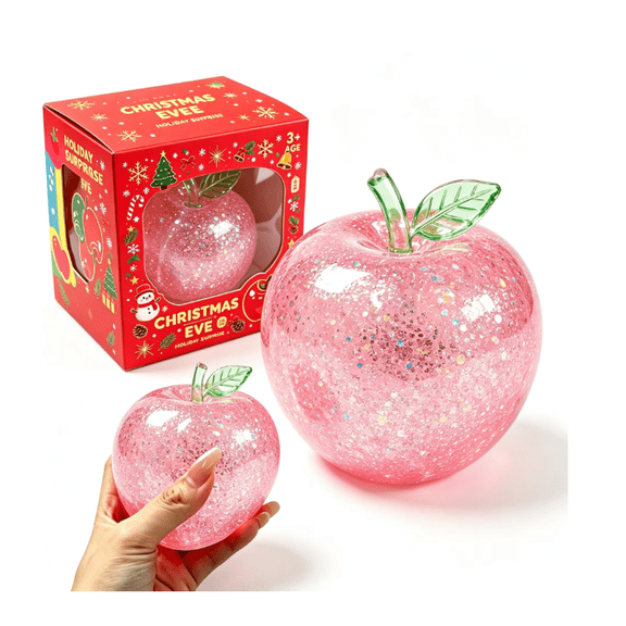 Christmas Eve Pink Glitter Apple Stress Relief Ball, Sparkly Apple Shaped Fidget Ball, Realistic Fruit Sensory Stress Ball, Christmas Stocking Stuffer Gift for Adults