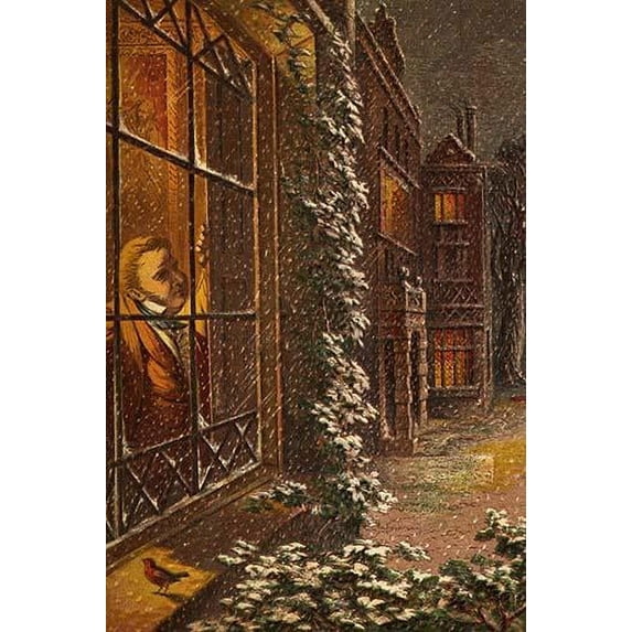 Christmas Eve and a Robin rests on the wndow sill in the falling snow Poster Print by Kronheim & Dalziels (18 x 24)