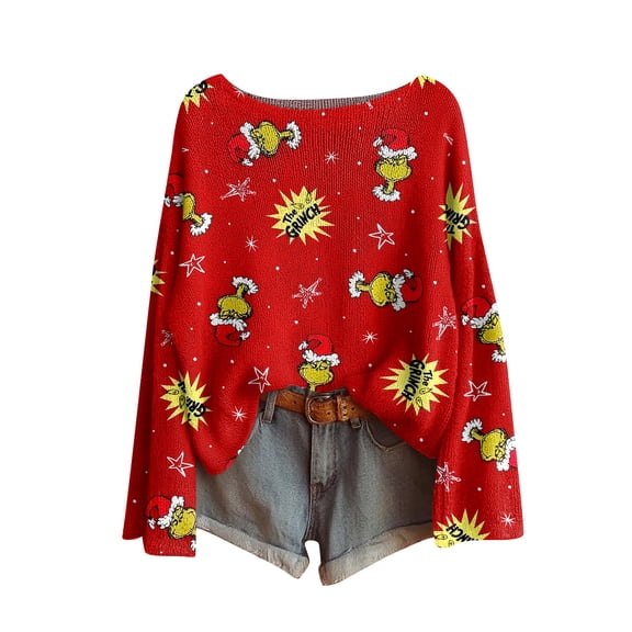 Christmas Evening Tops for Women Long Sleeve Christmas Tree Xmas Gift Tops Vermilion Small