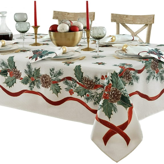Christmas Evergreen Garland Double Ribbon Bordered 60 x 144 inch Rectangle Fabric Dining Tablecloth
