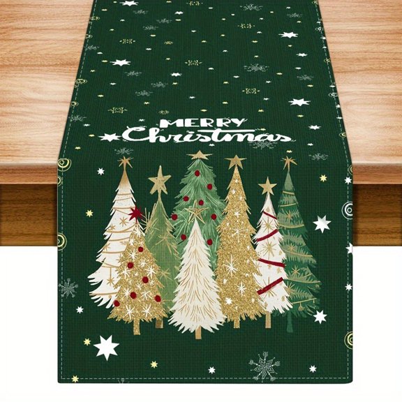 Christmas Evergreen Table Runner, Snowflake Linen Dining Scarf, Bring Winter Pattern to Family Dinner Settings and Console Styling, Printed Festive Trees with Decorative End Details
