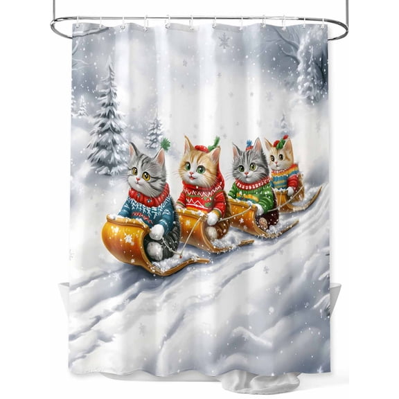 Christmas Extra Long Shower Curtain Set, Waterproof Shower Curtains for Bathroom, Funny Cats Sleds Skiing Winter Forest Tree Washable Fabric Cloth Bath Curtain for Bathtub with Hooks 72x96 Inches
