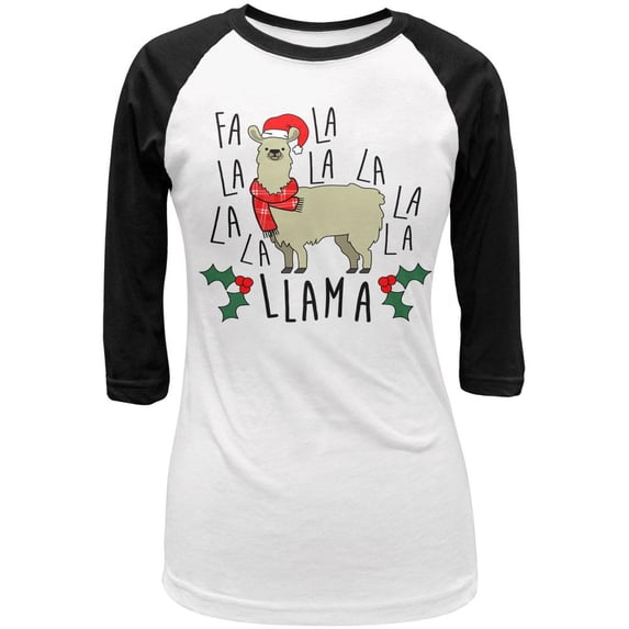 Christmas Fa La Llama Juniors 3/4 Sleeve Raglan T Shirt White-Black X-LG