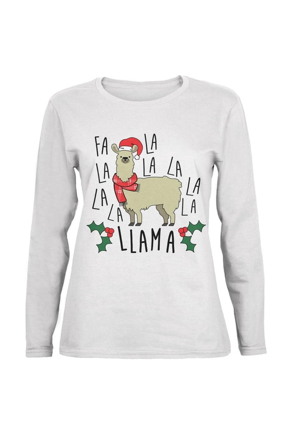 Christmas Fa La Llama Ladies' Relaxed Jersey Long-Sleeve Tee White X-LG